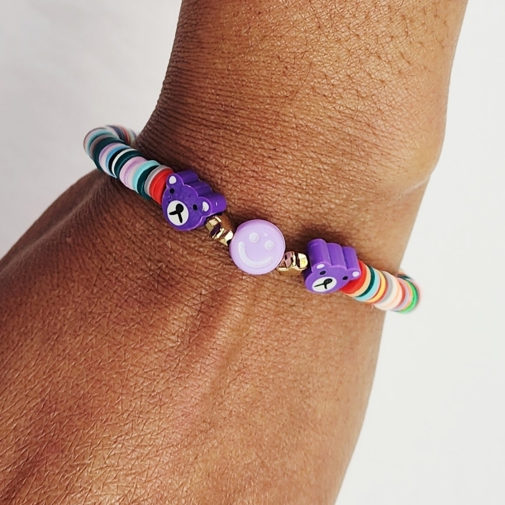 Handmade Bear Smiley Face Purple Multi Color Clay Bead Bracelet